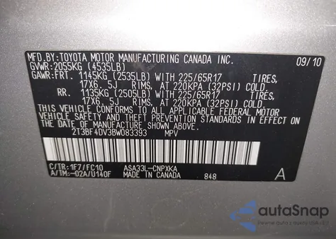 2011 Toyota Rav4 из США, поврежденный, VIN 2T3BF4DV3BW083393